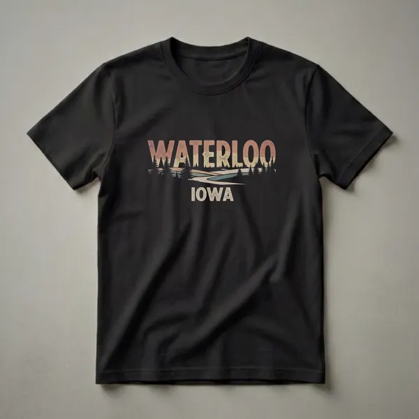 Black t-shirt with a retro graphic design featuring the word WATERLOO in large, distressed letters above a stylized landscape of pine trees, rolling hills, and a river, with the word IOWA below.