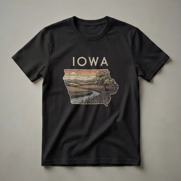 Black t-shirt featuring a retro graphic of the Iowa state map filled with a landscape of cornfields, a river, trees, and a striped sunset.