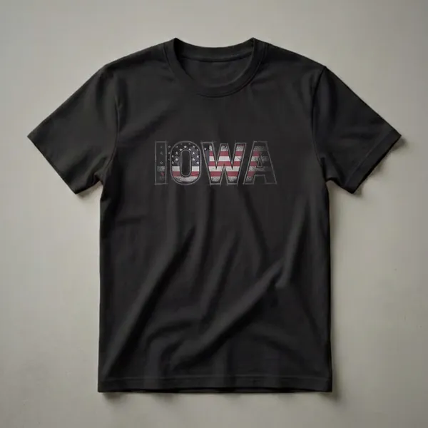 Black t-shirt featuring the word IOWA in distressed block letters filled with the American flag design and a sketched outline.