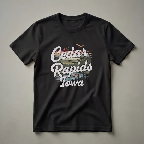 Black t-shirt with a retro graphic design that reads 'Cedar Rapids Iowa' over a landscape featuring a river, canoe, pine trees, rolling hills, and a sunset.