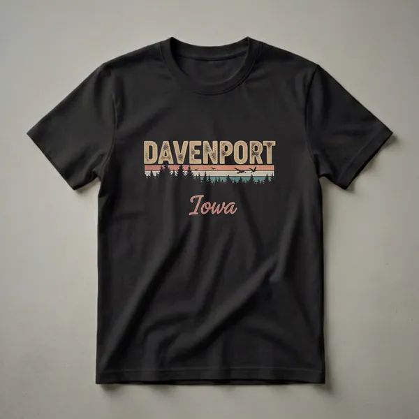 Black t-shirt with a retro design featuring the word DAVENPORT in distressed beige letters, a striped sunset with silhouetted pine trees and flying birds, and the word Iowa in script below.