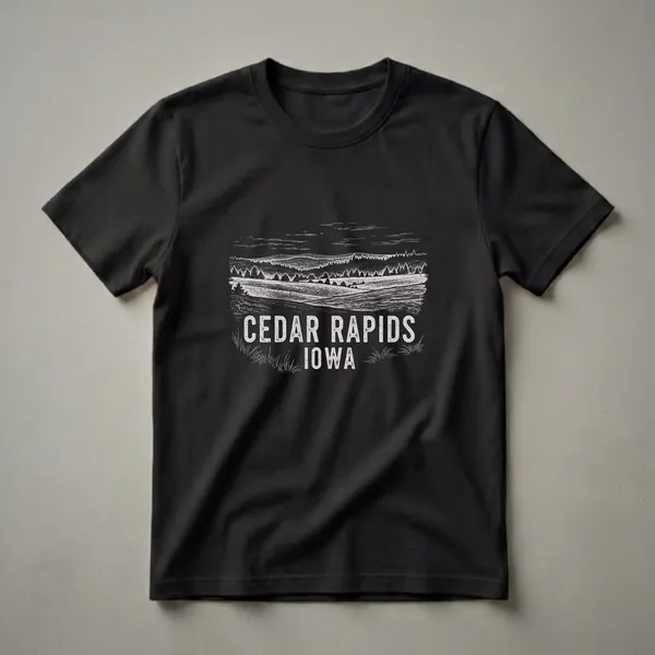 Black t-shirt featuring a vintage line drawing of rolling hills, trees, and sky, with distressed text reading 'CEDAR RAPIDS IOWA' below.