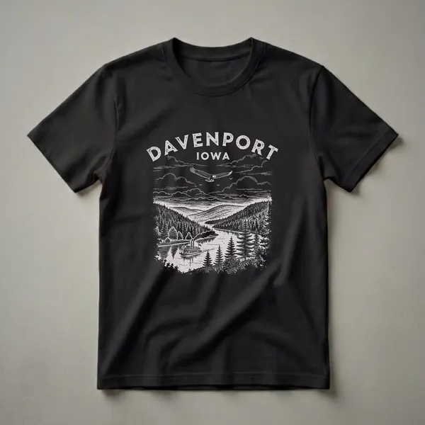 Black t-shirt featuring a vintage line drawing of Davenport, Iowa, showing a river with a steamboat, forested hills, and a soaring eagle under a cloudy sky.