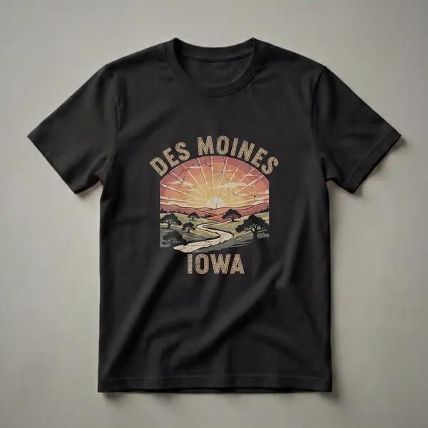 Black t-shirt featuring a retro graphic design of a sunset over rolling hills in Des Moines, Iowa, with a winding road and scattered trees.