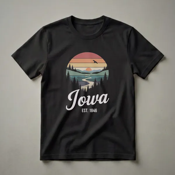 Black t-shirt featuring a retro circular graphic of Iowa with a sunset, river, pine trees, mountains, and an eagle, with "Iowa EST. 1846" text.