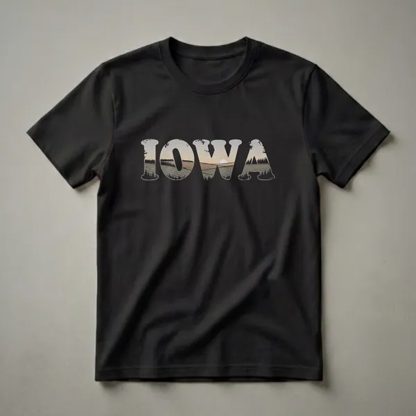 Black t-shirt with the word IOWA filled with a retro landscape of rolling fields, trees, and a sunset.
