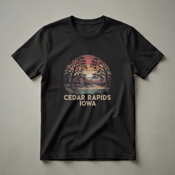 Black t-shirt with a circular retro graphic of a river scene with trees and a sunset, featuring the text 'CEDAR RAPIDS IOWA' below.