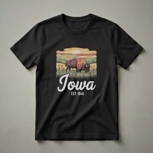 Black t-shirt featuring a retro graphic design of a bison in a field of coneflowers with rolling hills and a sunset, and the text 'Iowa Est. 1846'.