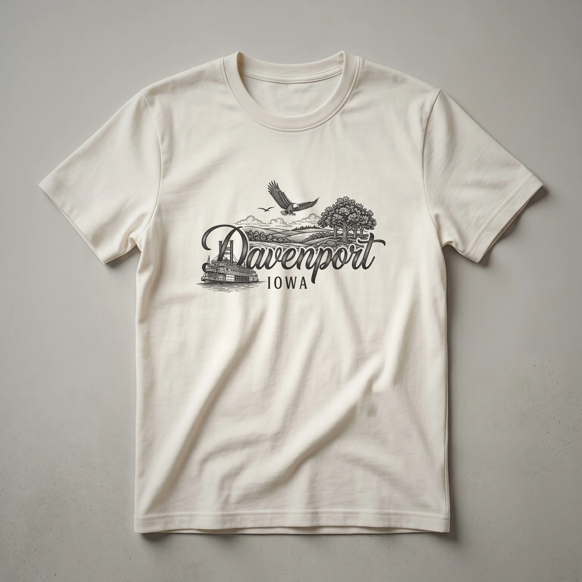 Black sketch art on a t-shirt depicting Davenport, Iowa with a riverboat, city skyline, rolling hills, trees, and a soaring eagle.