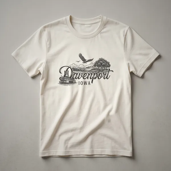 Black sketch art on a t-shirt depicting Davenport, Iowa with a riverboat, city skyline, rolling hills, trees, and a soaring eagle.