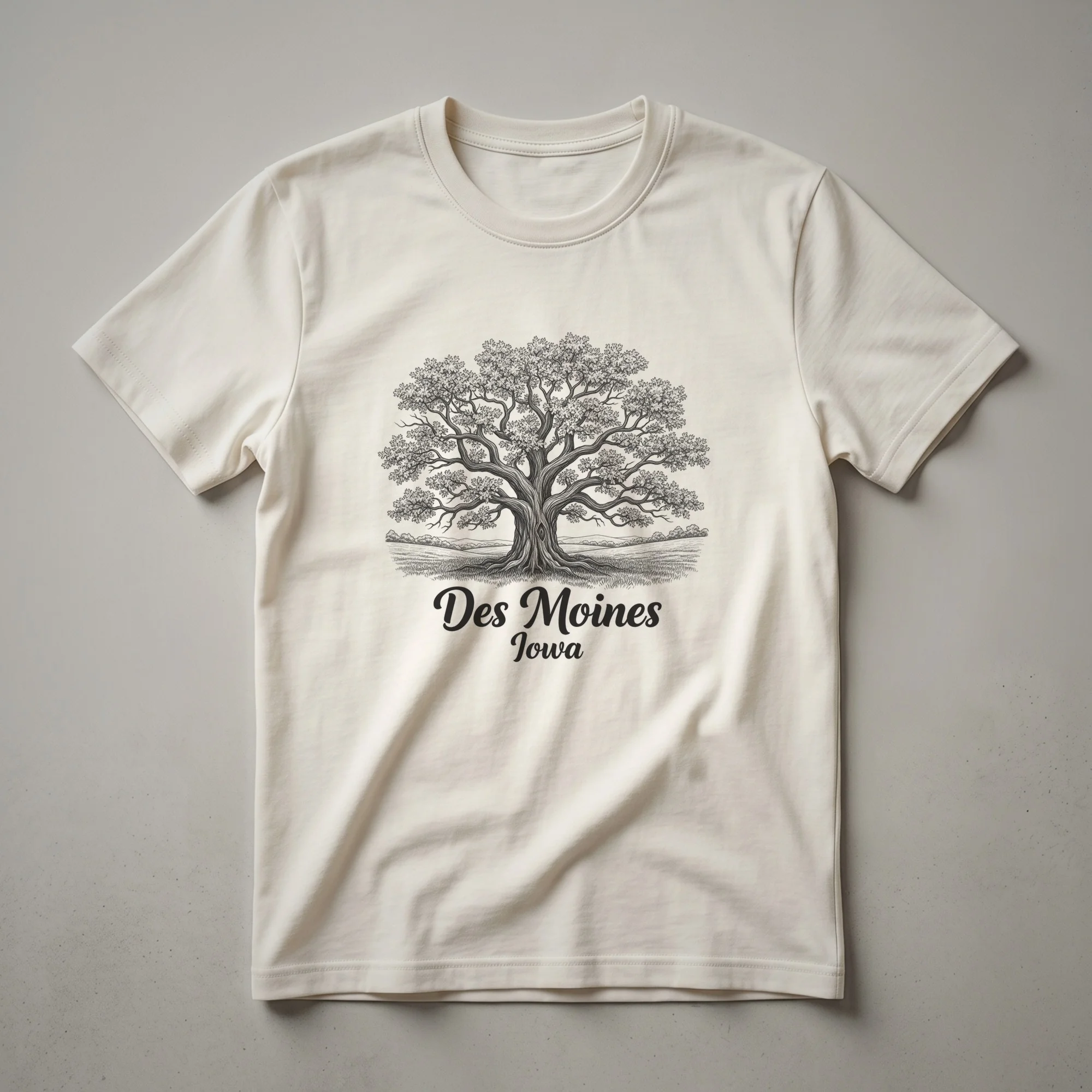 Black graphic t-shirt featuring a detailed sketch of a large oak tree with sprawling branches, set against a subtle background of rolling hills, with the text 'Des Moines Iowa' below.