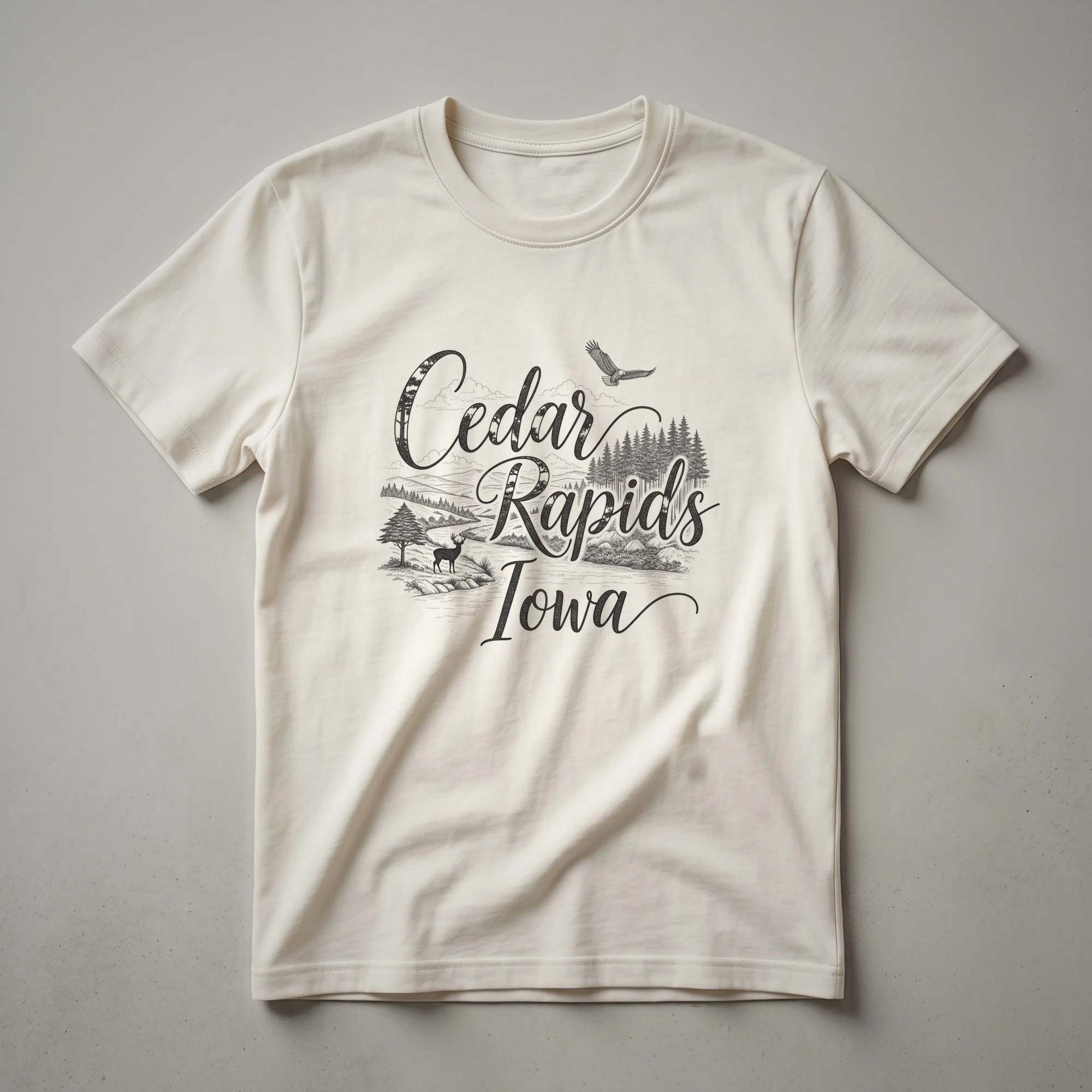 Black sketch art graphic t-shirt featuring the words 'Cedar Rapids Iowa' with a landscape scene including a deer, pine trees, rolling hills, and a soaring eagle.