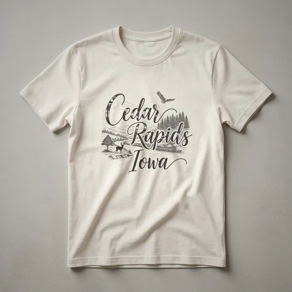 Black sketch art graphic t-shirt featuring the words 'Cedar Rapids Iowa' with a landscape scene including a deer, pine trees, rolling hills, and a soaring eagle.