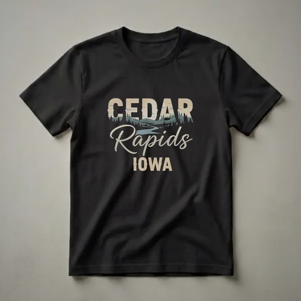 Black t-shirt with a retro graphic design that reads "CEDAR Rapids IOWA" filled with a landscape of trees, hills, and a river.
