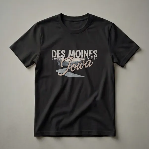 Black t-shirt with a retro graphic design that reads 'DES MOINES Iowa' over a silhouetted forest and river landscape.