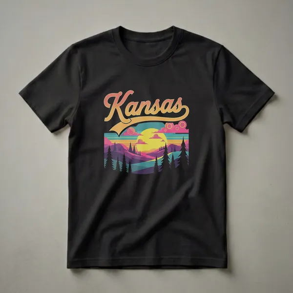 Black t-shirt with a retro design featuring the word "Kansas" in orange and pink script above a colorful sunset landscape with stylized mountains, pine trees, and clouds.