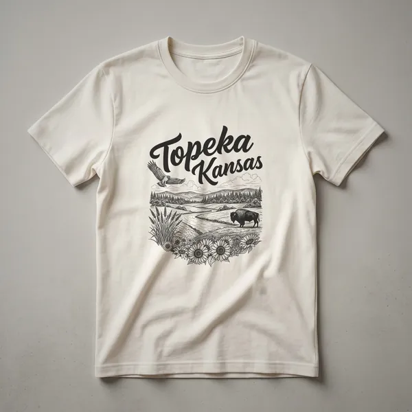 Black graphic t-shirt with a sketch art design of Topeka, Kansas, featuring an eagle, bison, rolling hills, trees, wheat, and sunflowers.