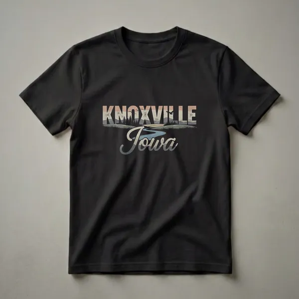 Black t-shirt with a retro graphic design featuring the words "Knoxville Iowa" over a landscape of a river, trees, and a bird.