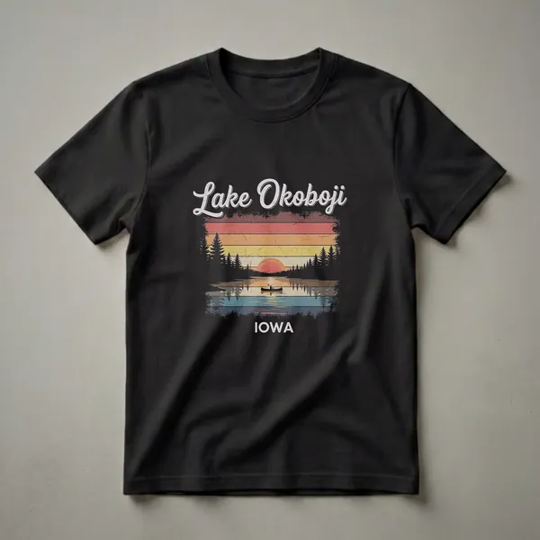 Black t-shirt featuring a retro sunset graphic of Lake Okoboji, Iowa, with a canoeist, pine trees, and horizontal stripes.
