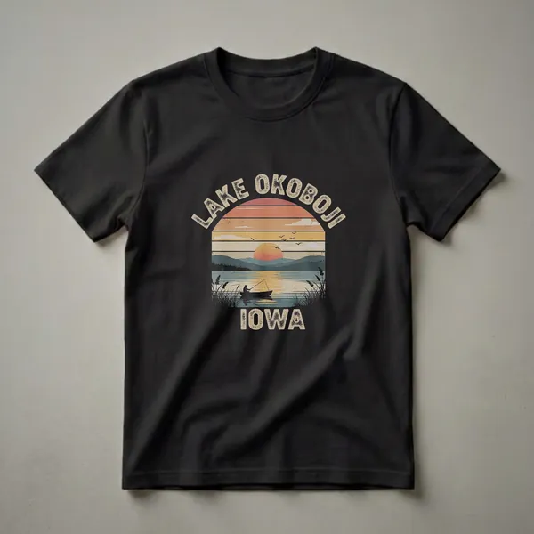Black t-shirt featuring a retro sunset graphic of Lake Okoboji, Iowa, with a fisherman in a boat, mountains, and text.