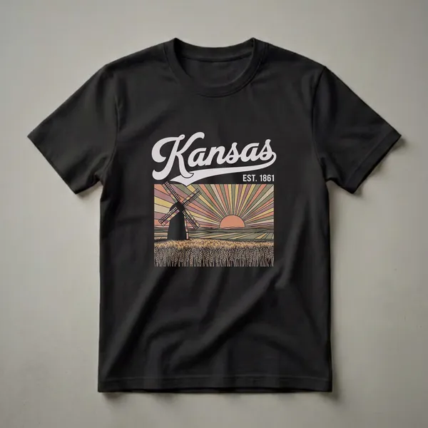 Black t-shirt featuring a retro Kansas design with a windmill, wheat field, and a colorful sunburst, along with the text 'Kansas EST. 1861'.