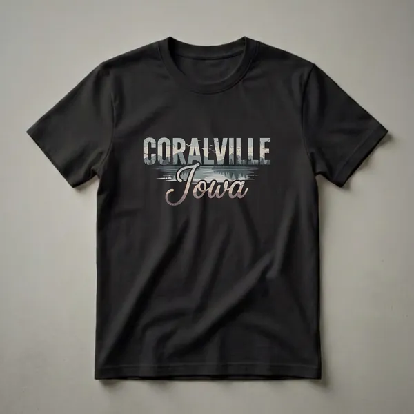 Black t-shirt with a retro graphic design featuring the words "Coralville Iowa" over a stylized landscape of hills, a lake, and pine trees.