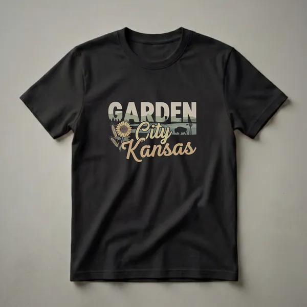 Black graphic t-shirt featuring the words 'GARDEN City Kansas' in a retro style, with a sunflower, wheat, bison, windmill, and water tower.