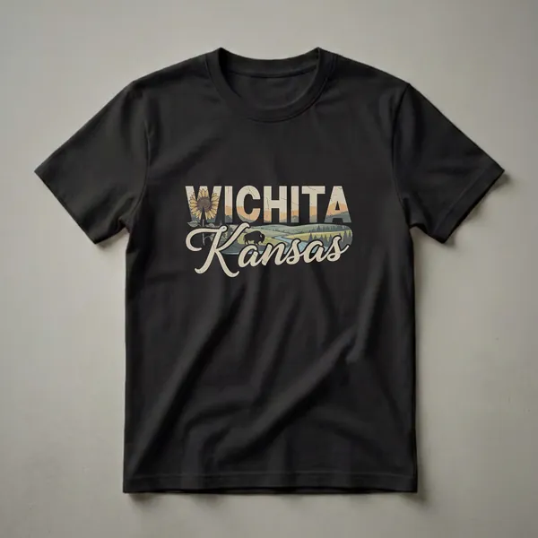 Black t-shirt featuring a retro graphic design with 'Wichita Kansas' text, a sunflower, rolling hills, a river, and a bison silhouette.