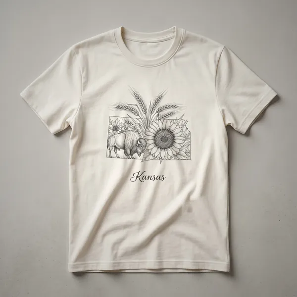 Black line art sketch on a black t-shirt mockup, depicting the Kansas state map filled with a bison, sunflowers, and wheat stalks, with the word 'Kansas' below.
