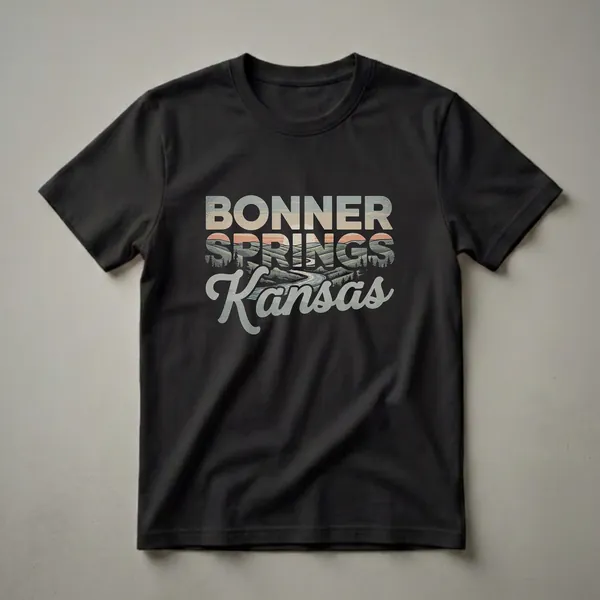 Black t-shirt featuring a retro graphic design with the words Bonner Springs Kansas overlaid on a stylized landscape of rolling hills, trees, and a winding road under a sunset sky.