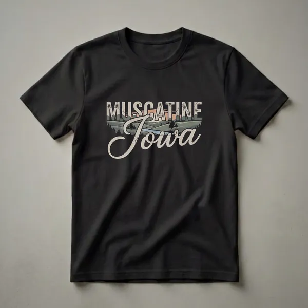 Black t-shirt featuring a retro graphic design with the words 'MUSCATINE Iowa' over a landscape of rolling hills, a river, and trees at sunset.