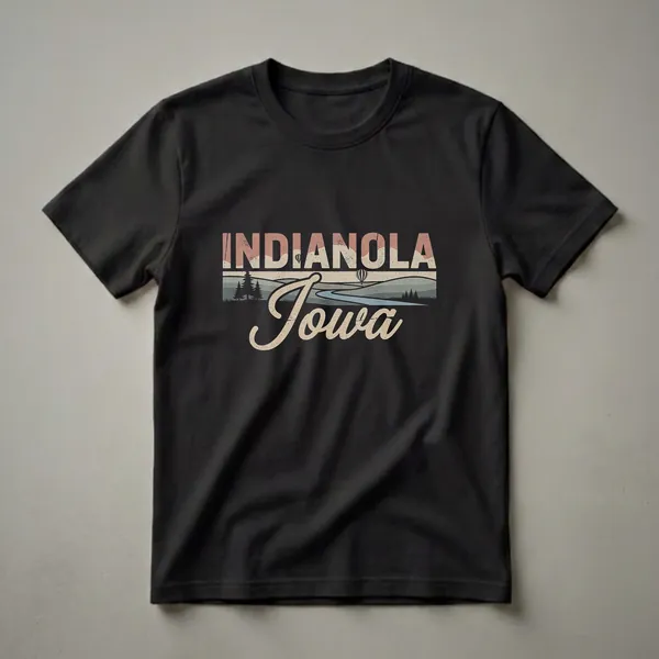 Black graphic t-shirt featuring the text "INDIANOLA Iowa" in a retro font over a stylized landscape with rolling hills, trees, a river, and hot air balloons.