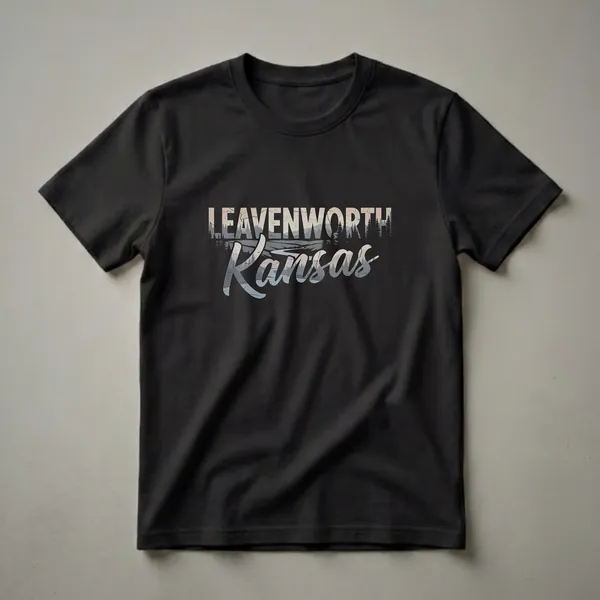 Black t-shirt featuring the words "LEAVENWORTH Kansas" in a distressed retro style, with a landscape of trees and a river filling the letters.
