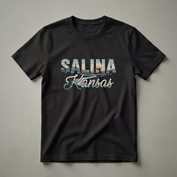 Black t-shirt with bold text "SALINA" filled with a retro landscape of hills, river, and trees, and script text "Kansas" below.