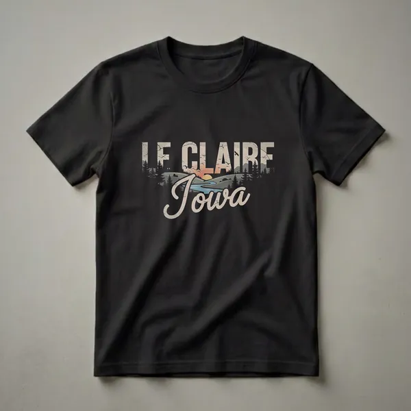Black graphic t-shirt featuring a retro landscape design with 'LE CLAIRE Iowa' text, depicting rolling hills, a river, pine trees, and a sunset.