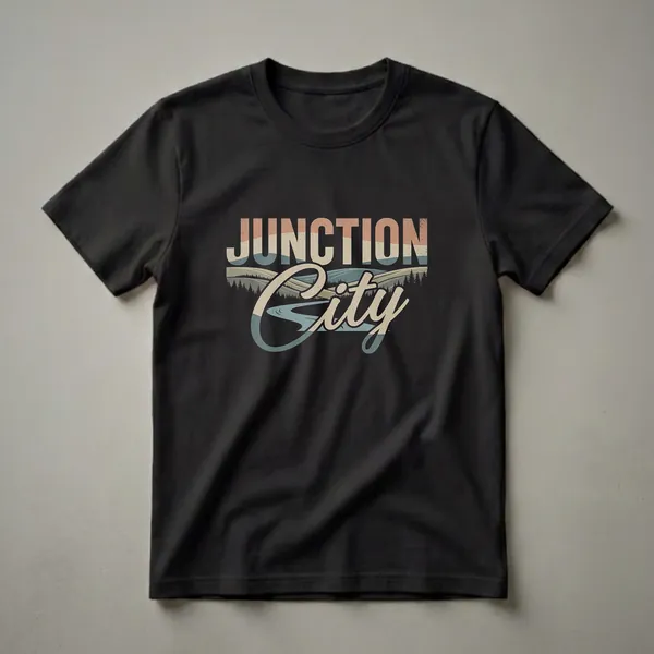 Black graphic t-shirt featuring the words 'JUNCTION City' in a retro font over a stylized landscape of rolling hills, pine trees, and a winding river in muted earth tones.