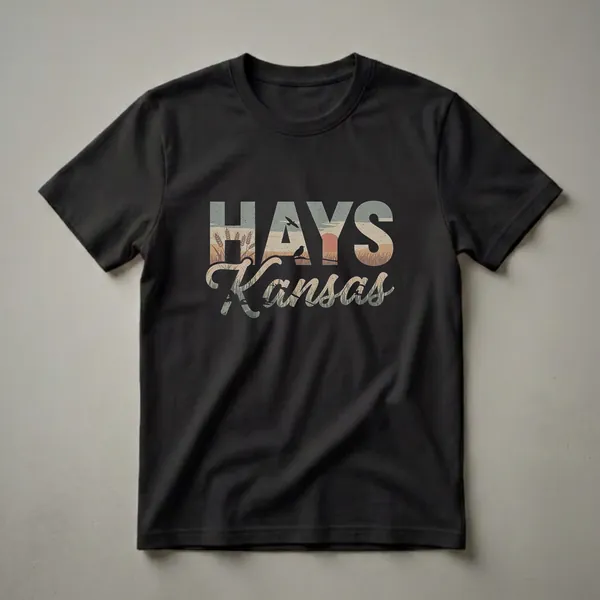 Black t-shirt with a retro graphic design that reads "HAYS Kansas" featuring a sunset, wheat stalks, and bird silhouettes.