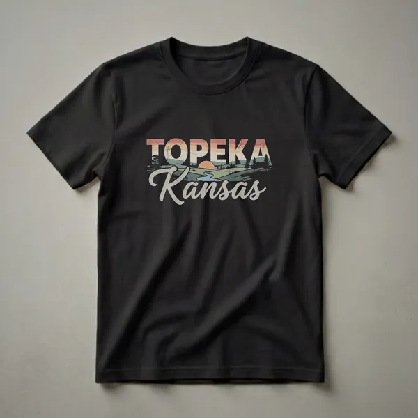 Black t-shirt with a retro design featuring the words "TOPEKA Kansas" over a vintage sunset landscape with a river, trees, and rolling hills.