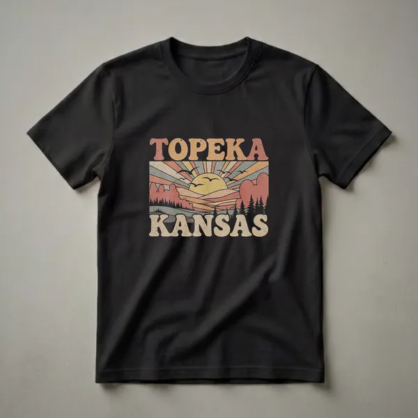 Black t-shirt with a retro sunset graphic featuring rolling hills, silhouetted trees, birds, and the words 'TOPEKA KANSAS' in vintage lettering.