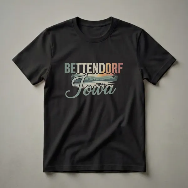 Black t-shirt with a retro graphic design featuring the word Bettendorf in distressed block letters above a vintage landscape of the Mississippi River with a boat and sunset.