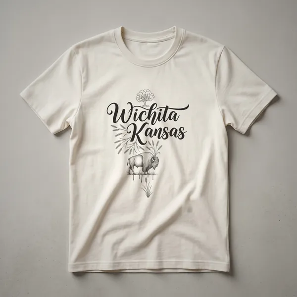 A sketch art graphic t-shirt featuring the words 'Wichita Kansas' above a bison and wheat stalks, with a tree graphic.