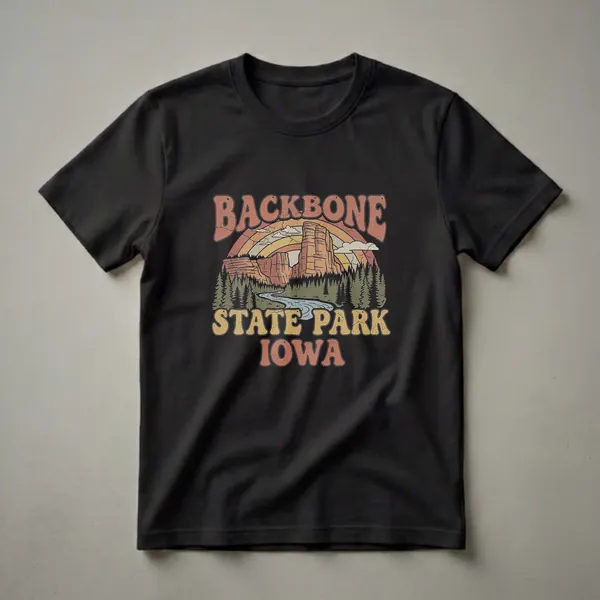 Black t-shirt with a retro graphic design of Backbone State Park, Iowa, featuring rock formations, a river, pine trees, and a vintage rainbow.