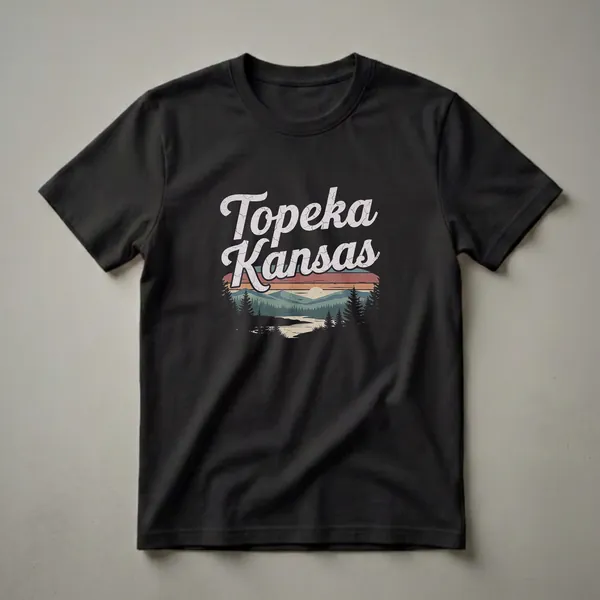 Black graphic t-shirt with 'Topeka Kansas' in distressed white font over a retro landscape featuring mountains, a river, pine trees, and a sunset.