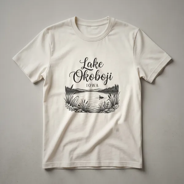 Black sketch art design on a t-shirt featuring the words 'Lake Okoboji Iowa' above a lake scene with a duck, reeds, trees, and rolling hills.