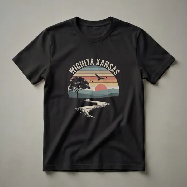Black graphic t-shirt featuring a retro Wichita Kansas sunset landscape with a river, tree, and soaring birds.