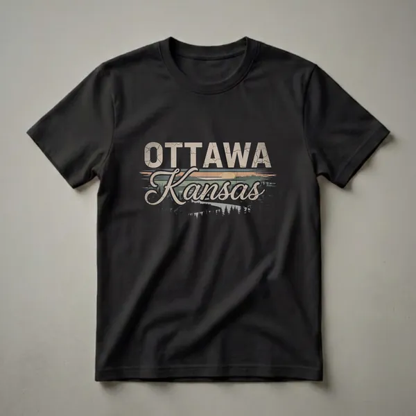 Retro Ottawa Kansas graphic t-shirt featuring the words OTTAWA Kansas over a stylized sunset landscape with pine trees.