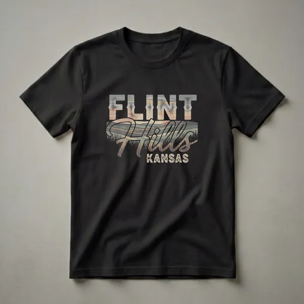 Black t-shirt with a retro graphic design featuring the words "FLINT HILLS KANSAS" layered over a stylized drawing of rolling hills and tall grass.