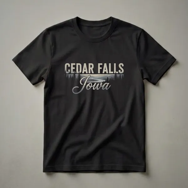 Black graphic t-shirt featuring the words 'CEDAR FALLS Iowa' in a retro font over a stylized landscape of pine trees, a winding river, and distant hills.
