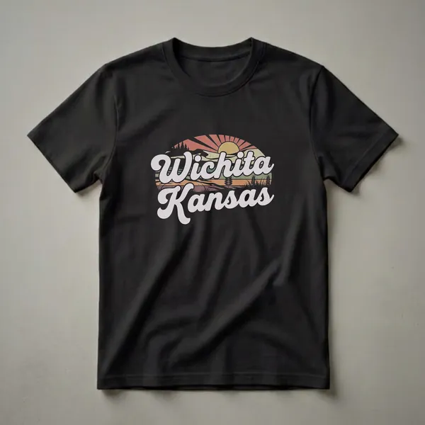 Black t-shirt with a retro graphic design featuring a sunset over a landscape with trees and wheat, with the text 'Wichita Kansas' in a script font.