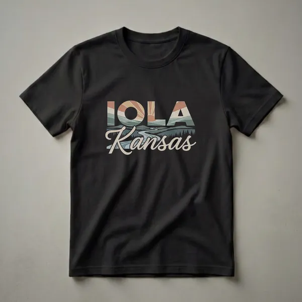 Black t-shirt with a retro graphic design that says IOLA KANSAS, featuring a stylized sunset, rolling hills, a winding river, and pine trees.